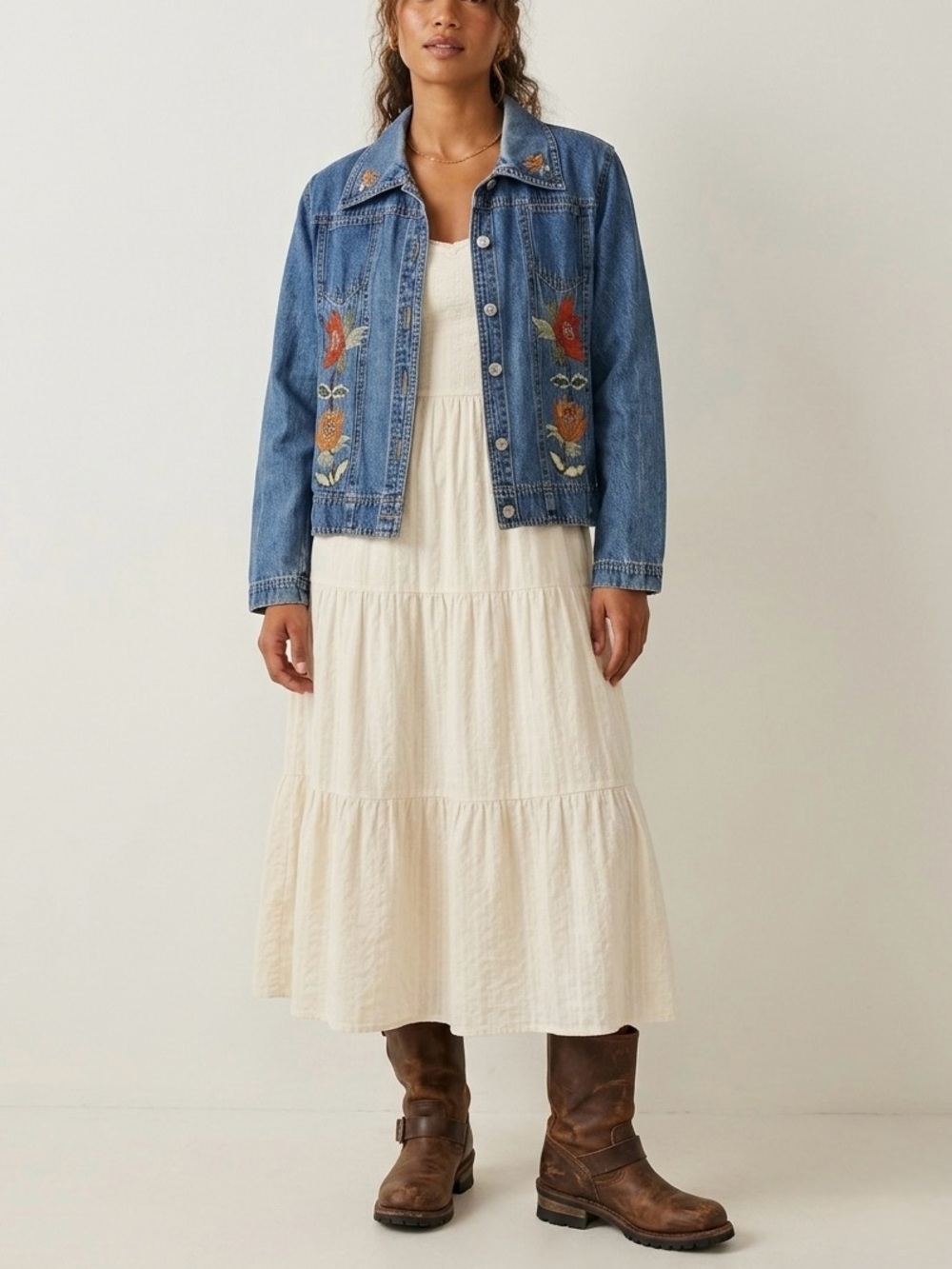 New Identity Vintage-Inspired Blue Denim Jacket with Floral Embroidery